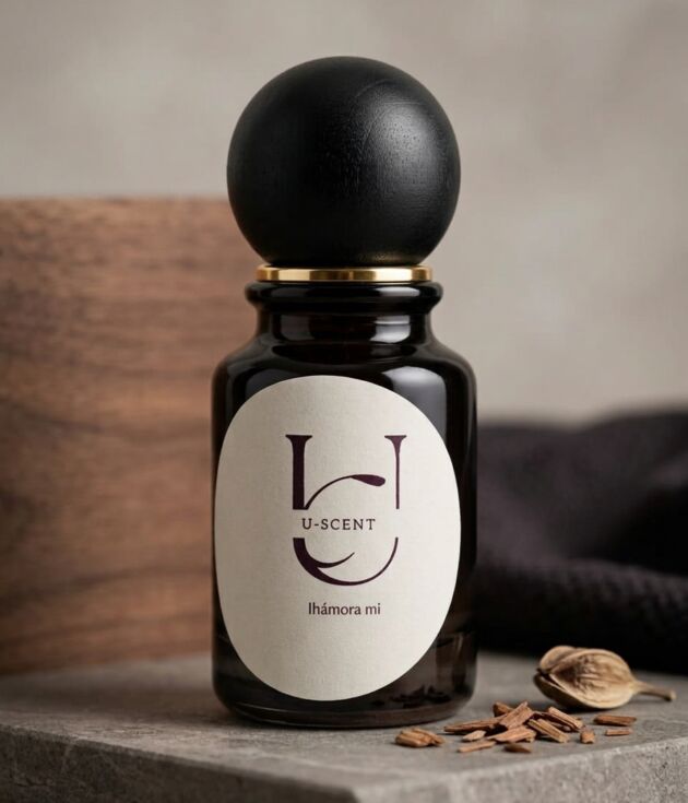 U-Scent Ihamora mi woody perfume bottle with wood background